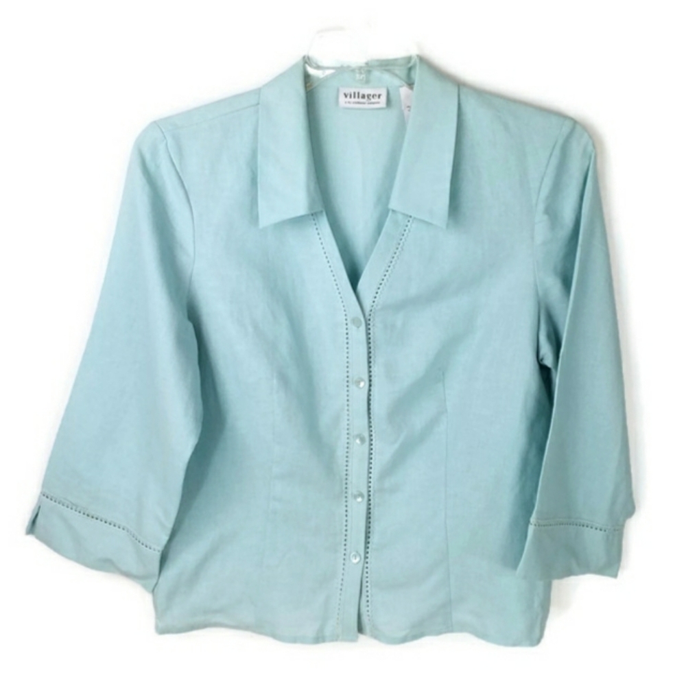 Vintage Villager Light Blue 3/4 Sleeve Button Up Linen Blend Blouse Womens 14 - Picture 2 of 13